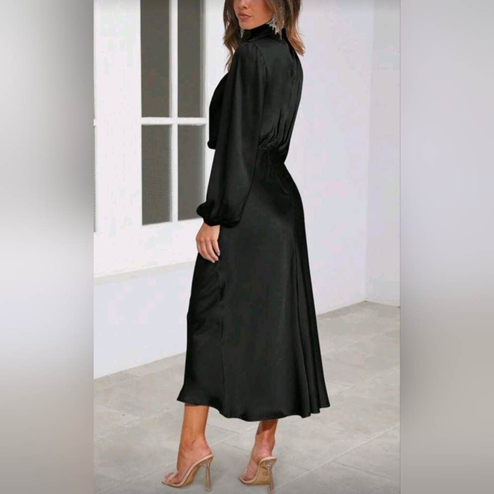 NEW Chic Draped Wrap Halter Neck Satin Midi Dress Bishop Long Sleeve Black - Picture 5 of 9